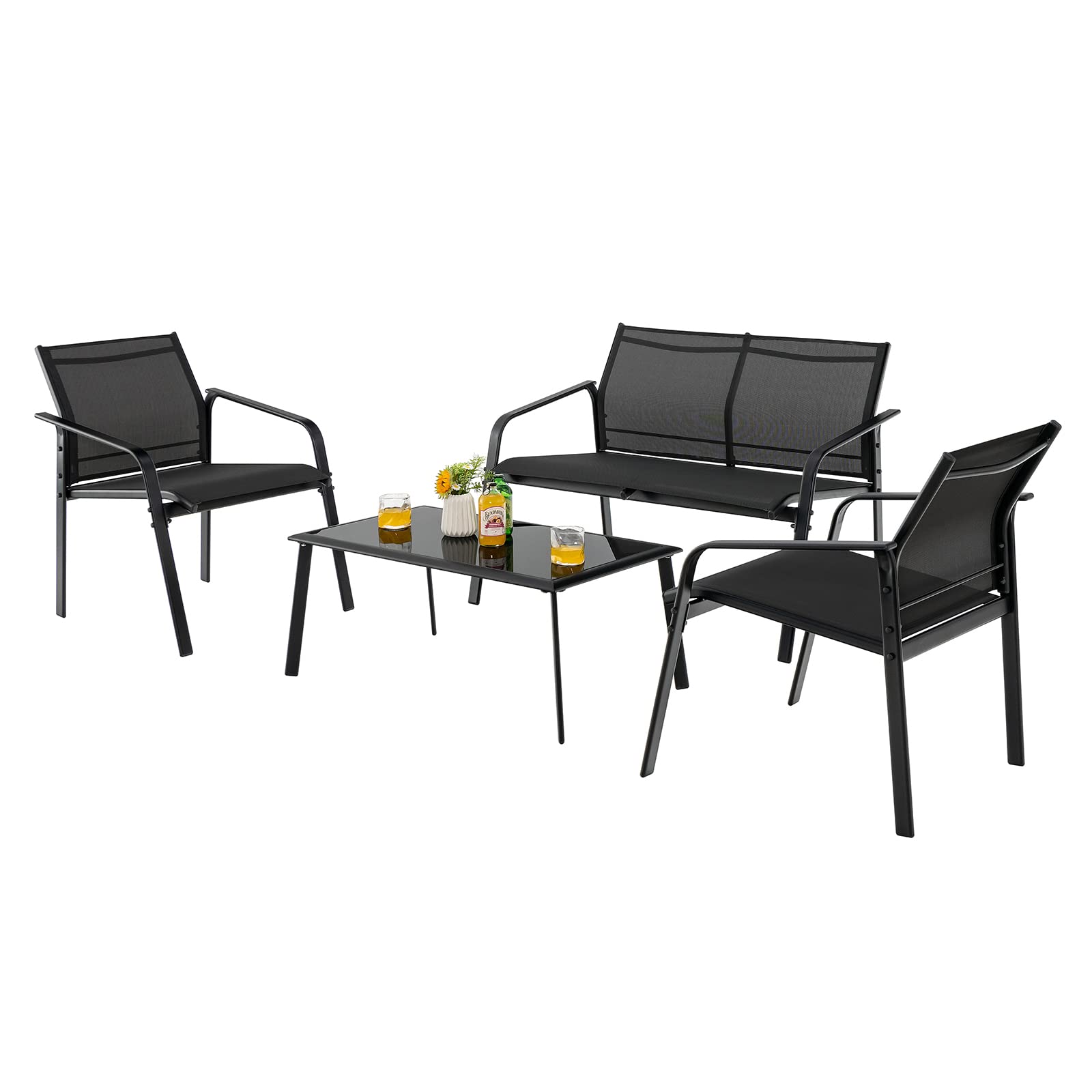 Ensemble de meubles de patio Tangkula 4 pièces, ensemble de conversation extérieur avec table basse en verre trempé